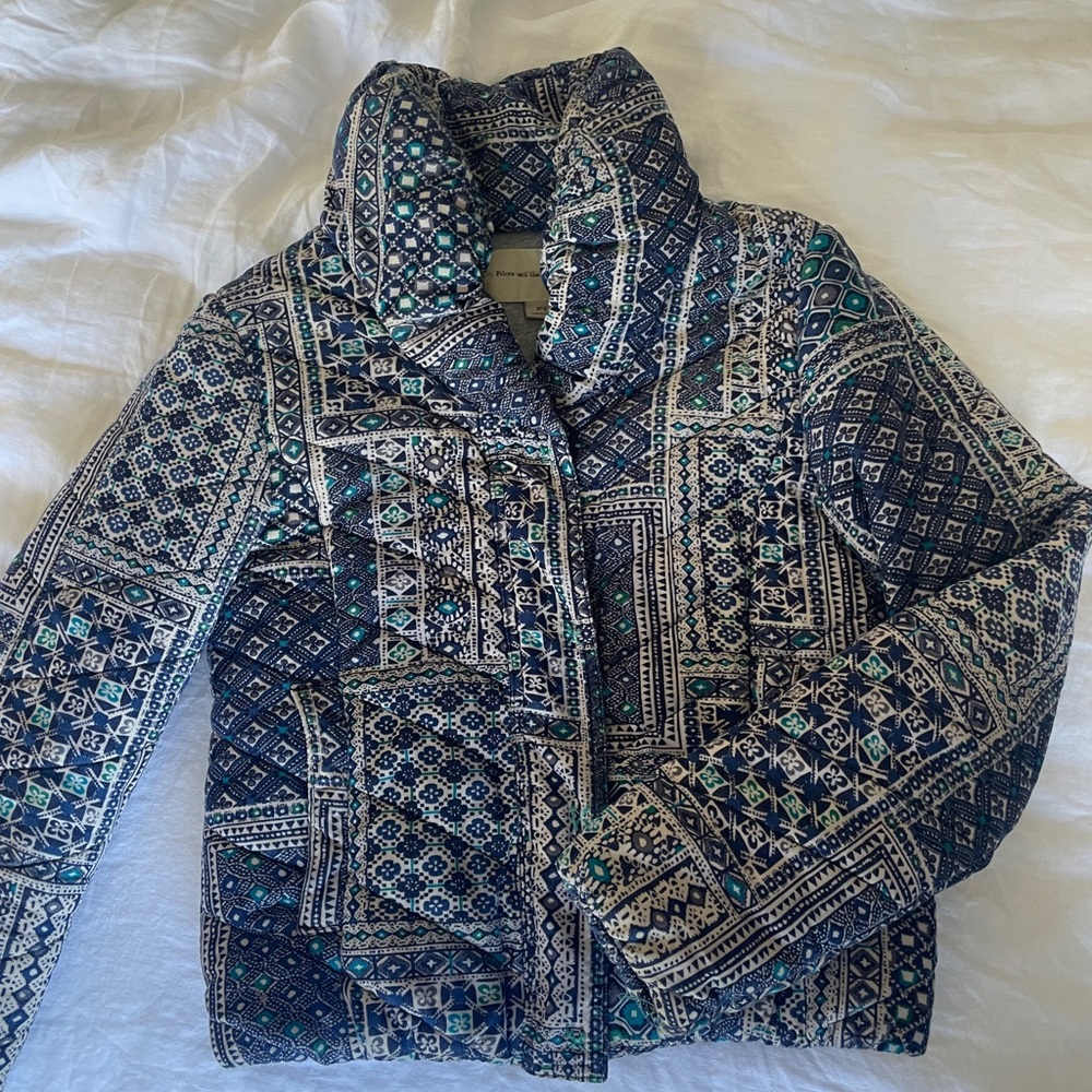 Anthropologie Blue Patchwork Puffer Jacket